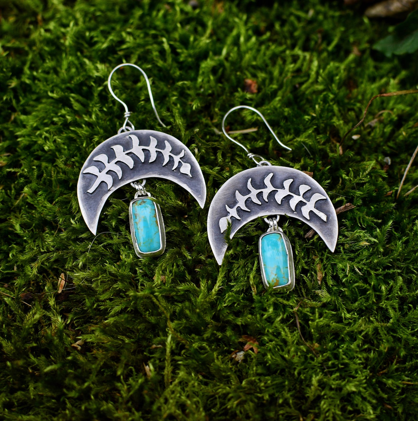 Botanical moon and turquoise earrings