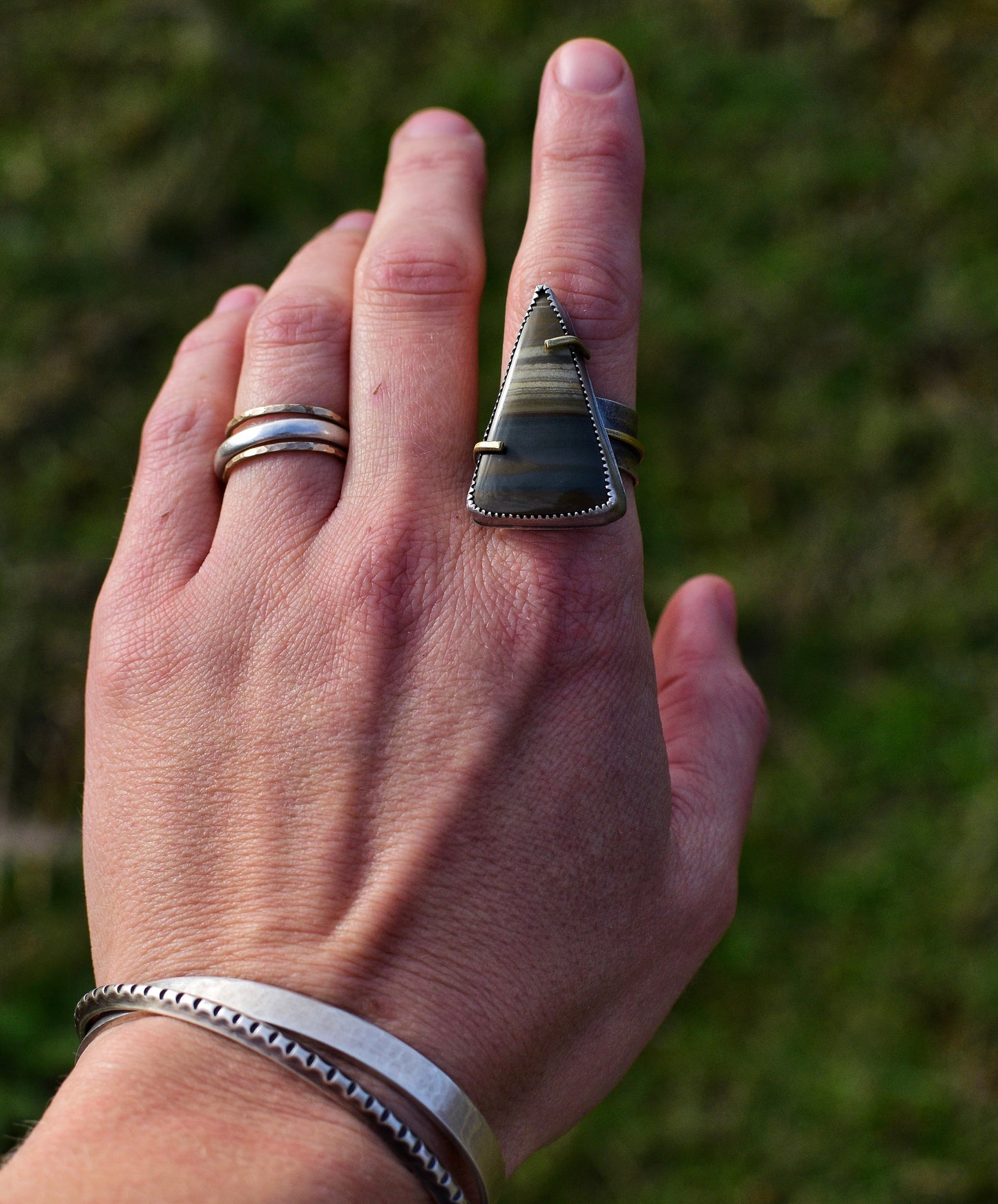 Owyhee jasper- mixed metal- silver and brass statement ring- Size 9.5