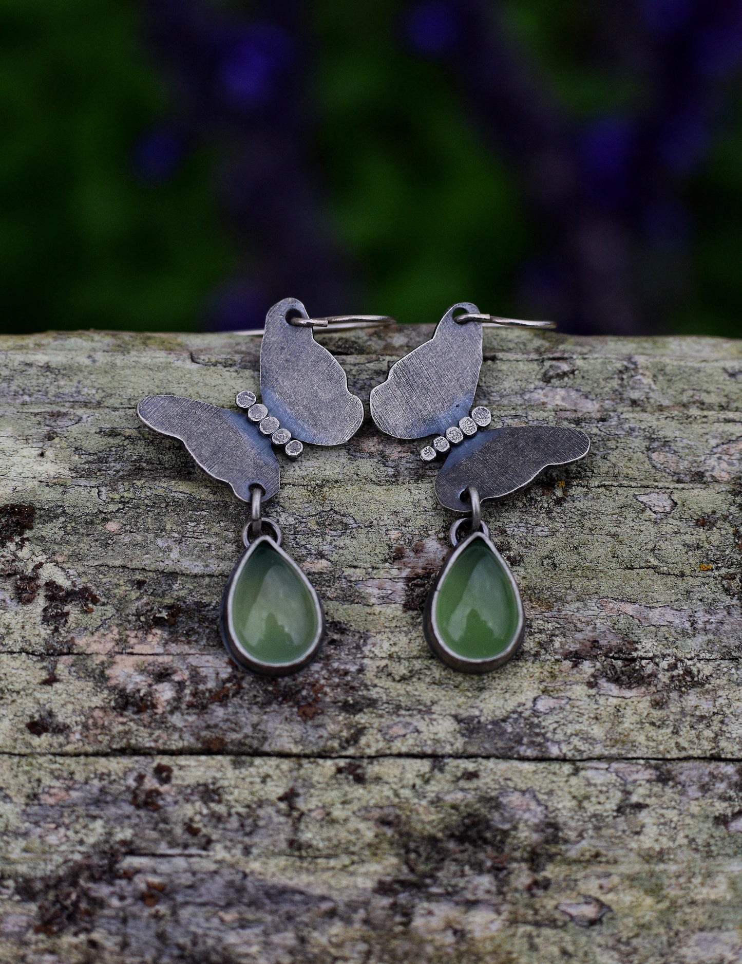 Butterfly earrings, sterling silver and peridot
