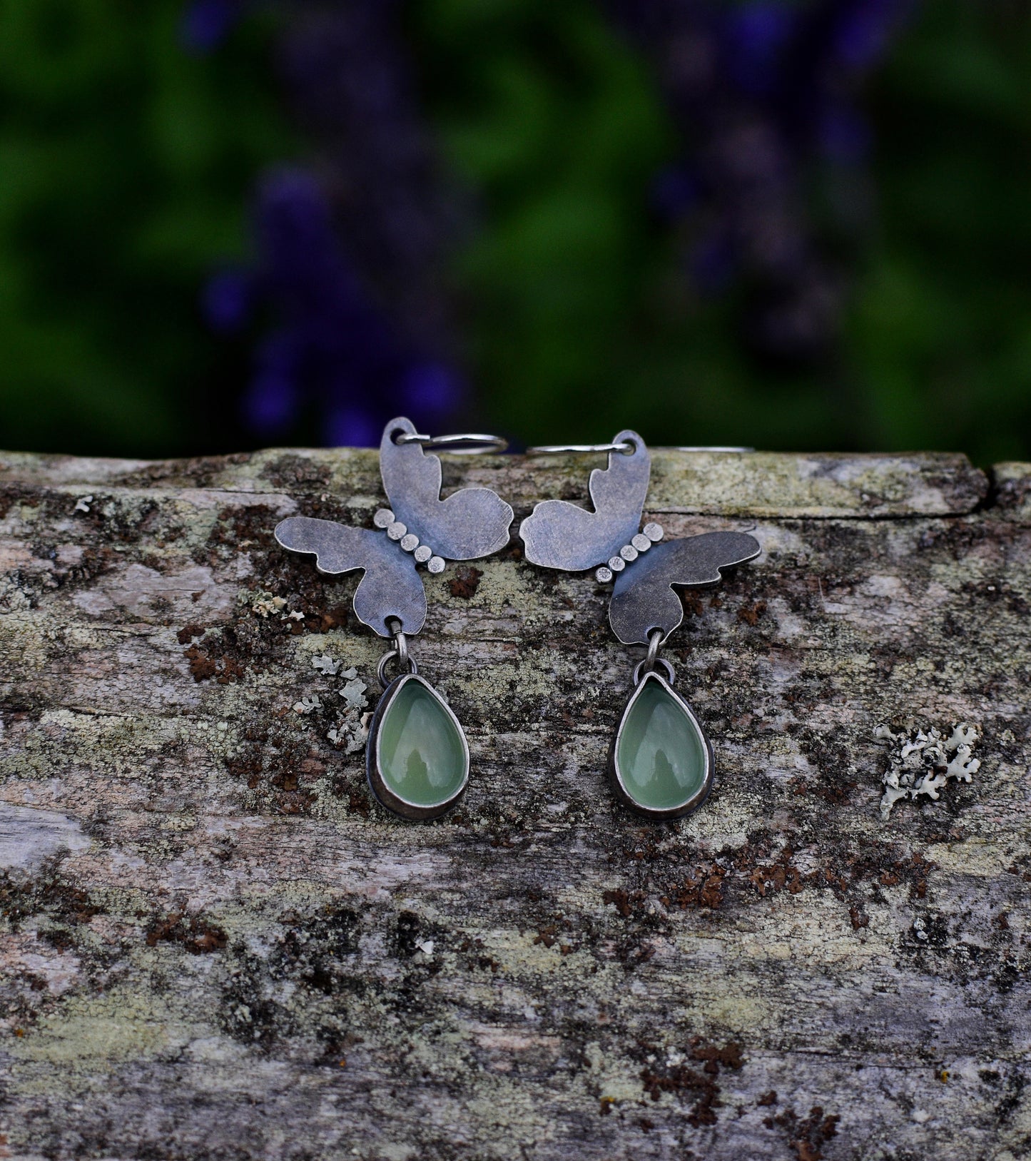 Butterfly earrings, sterling silver and peridot