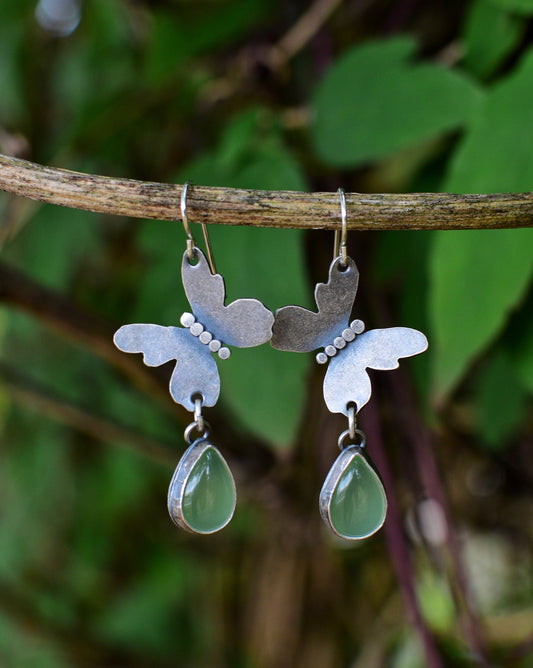 Butterfly earrings, sterling silver and peridot