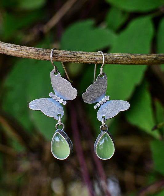 Butterfly earrings, sterling silver and peridot
