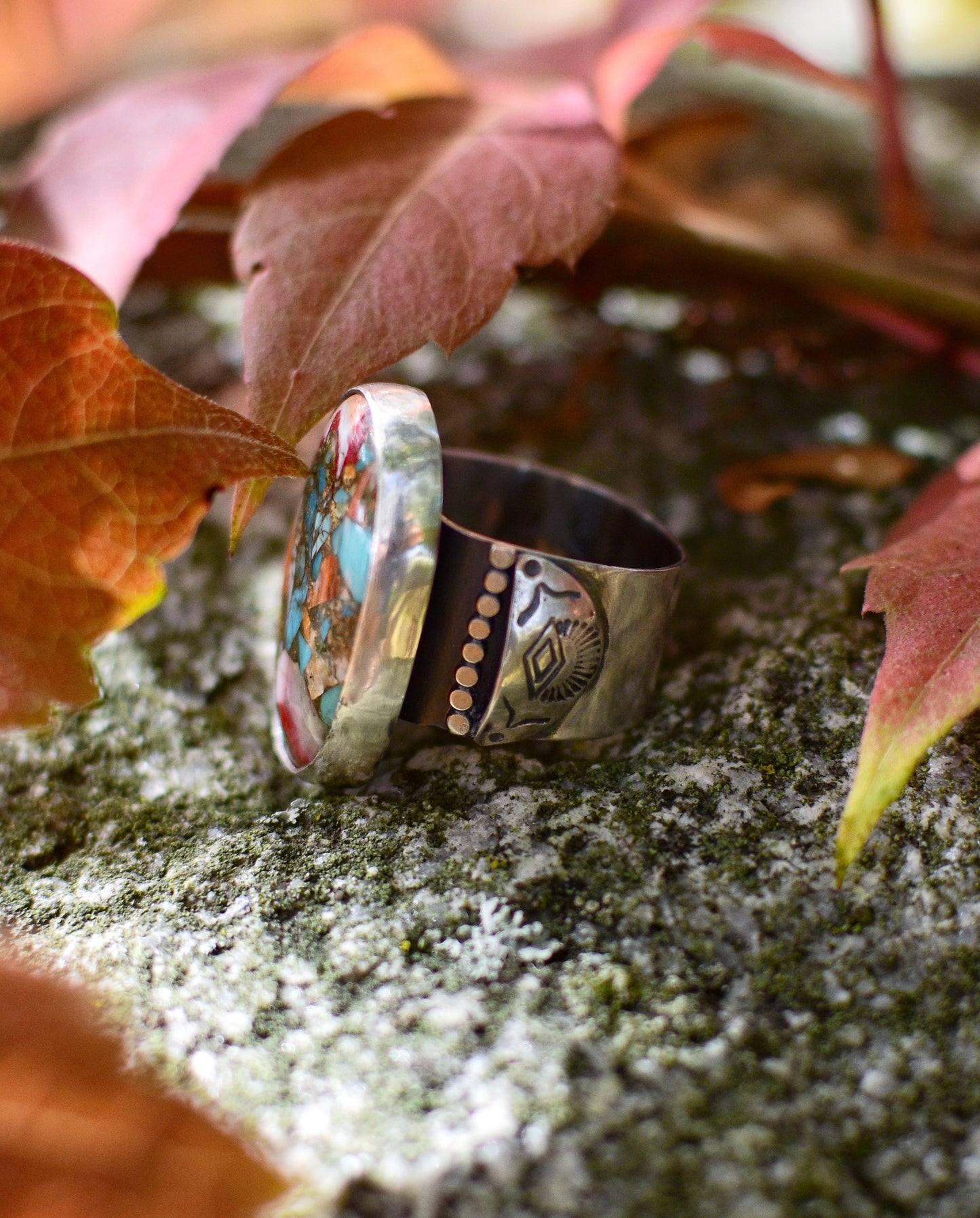 Autumn begins statement ring. Spiny oyster turquoise and sterling silver. Size 6.5