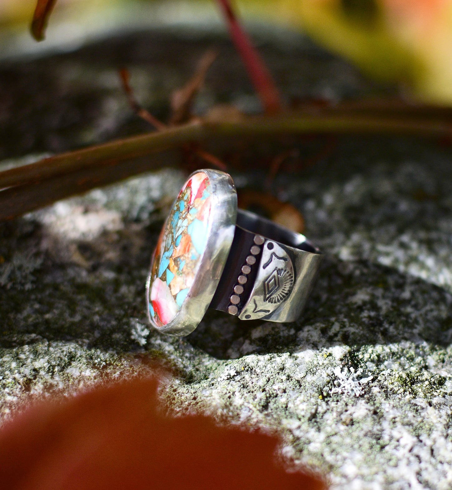 Autumn begins statement ring. Spiny oyster turquoise and sterling silver. Size 6.5