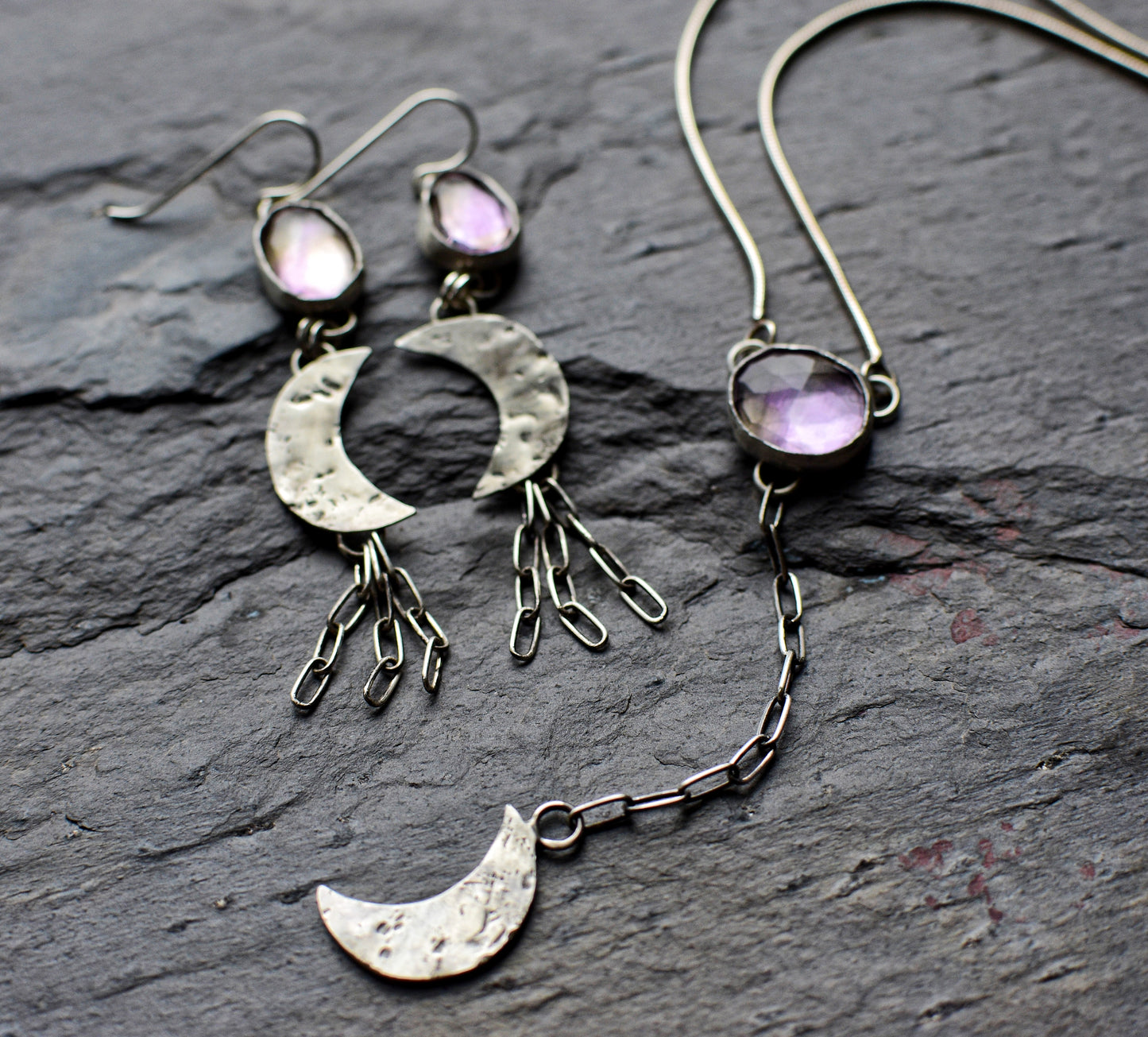 Ametrine crescent moon dangle earrings