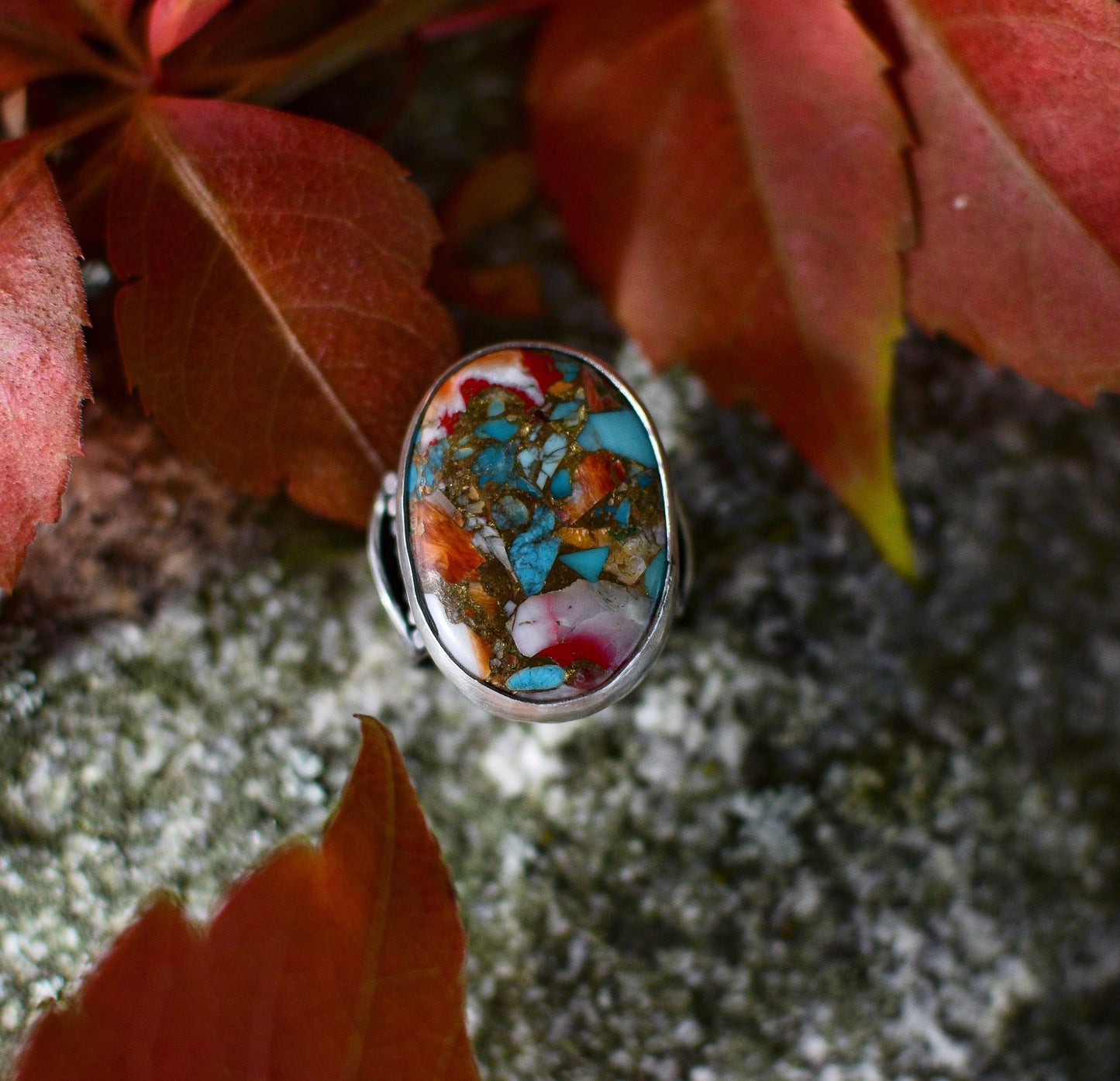 Autumn begins statement ring. Spiny oyster turquoise and sterling silver. Size 6.5