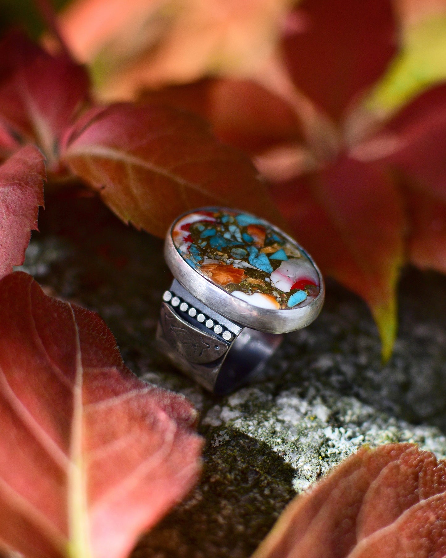 Autumn begins statement ring. Spiny oyster turquoise and sterling silver. Size 6.5