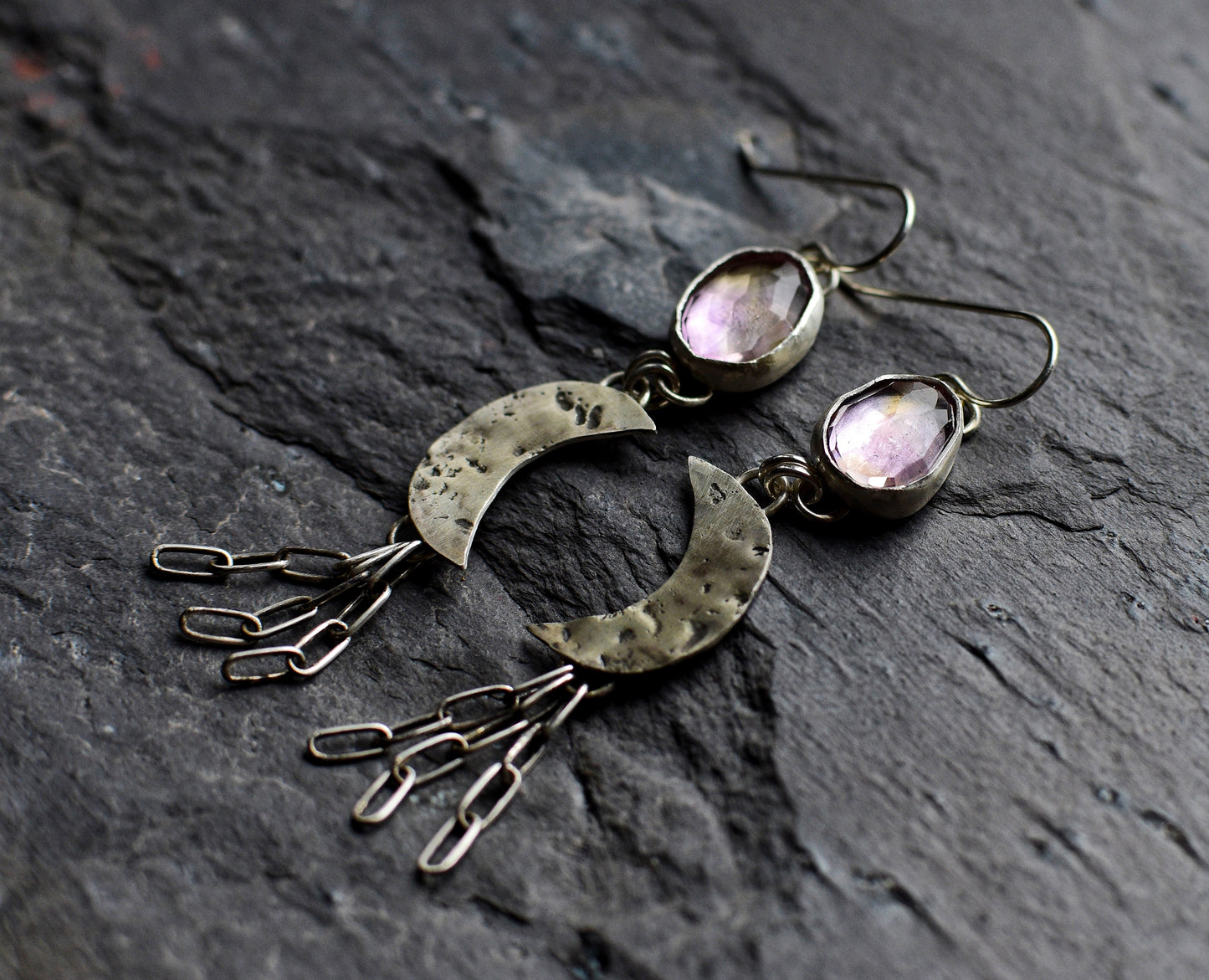 Ametrine crescent moon dangle earrings