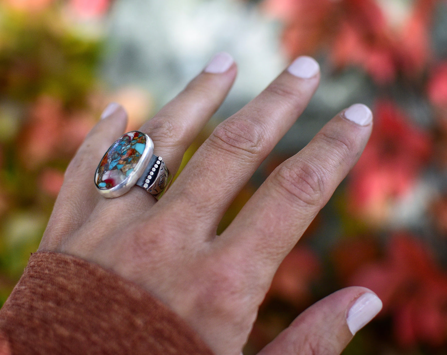 Autumn begins statement ring. Spiny oyster turquoise and sterling silver. Size 6.5