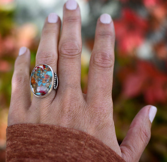 Autumn begins statement ring. Spiny oyster turquoise and sterling silver. Size 6.5