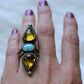 Amber and turquoise statement ring, Size 5.25