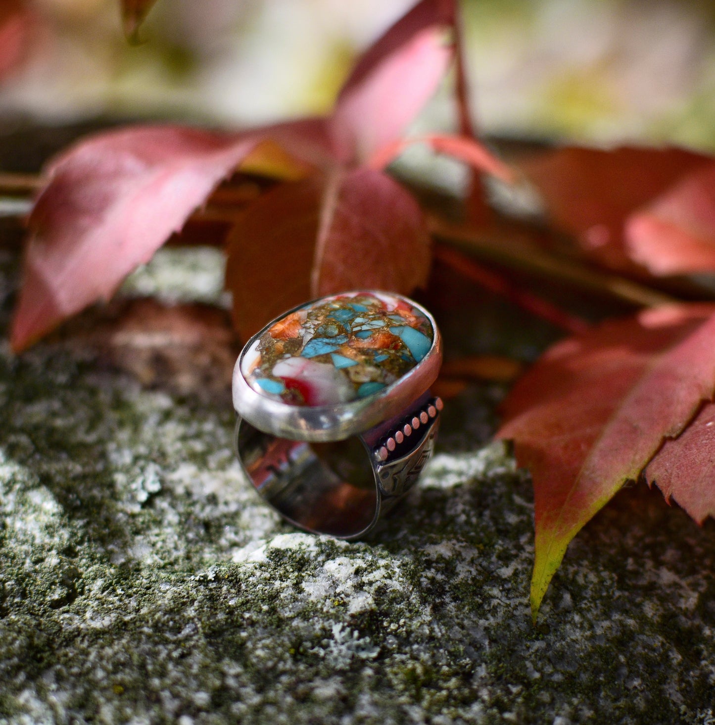 Autumn begins statement ring. Spiny oyster turquoise and sterling silver. Size 6.5
