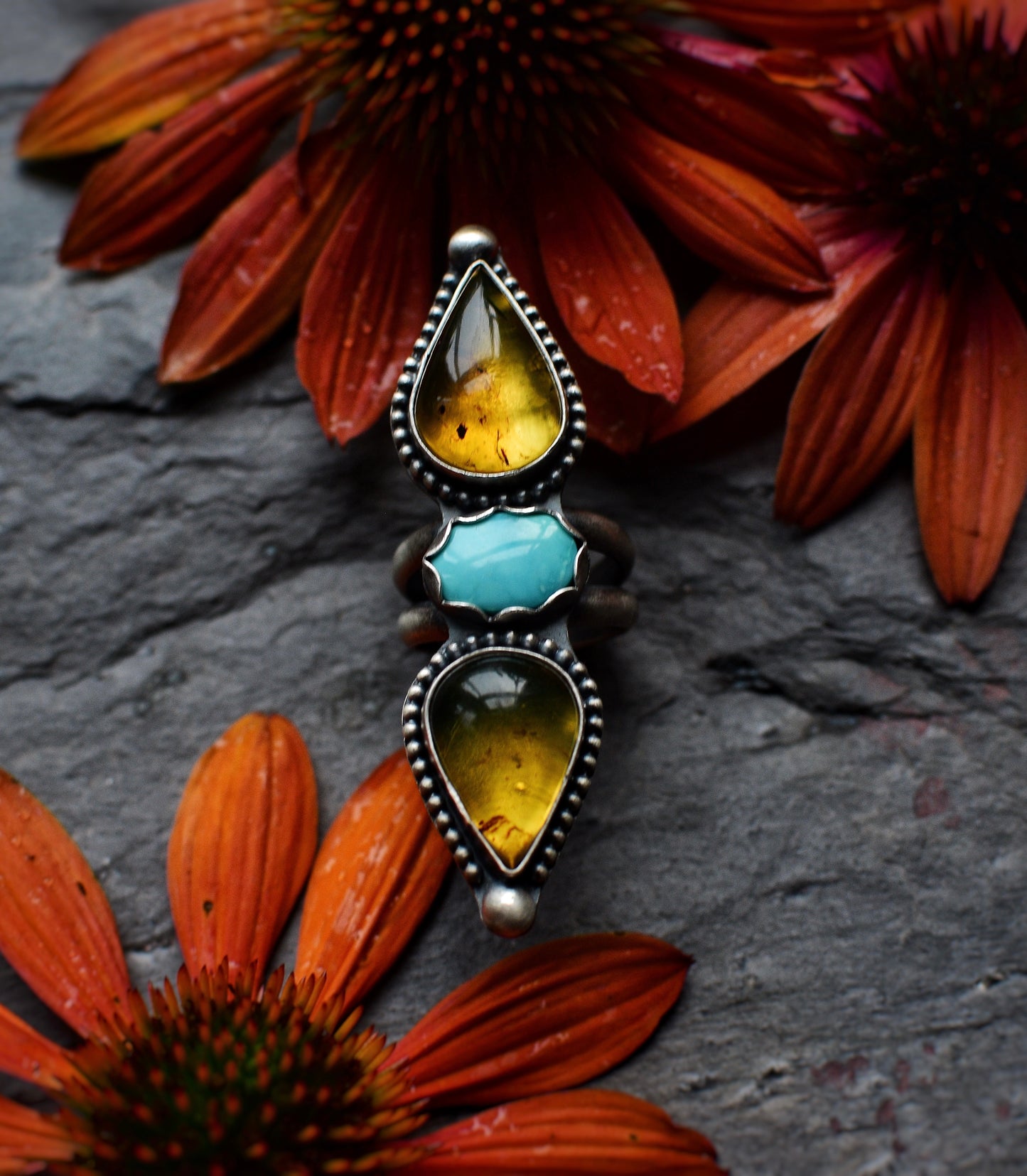 Amber and turquoise statement ring, Size 5.25