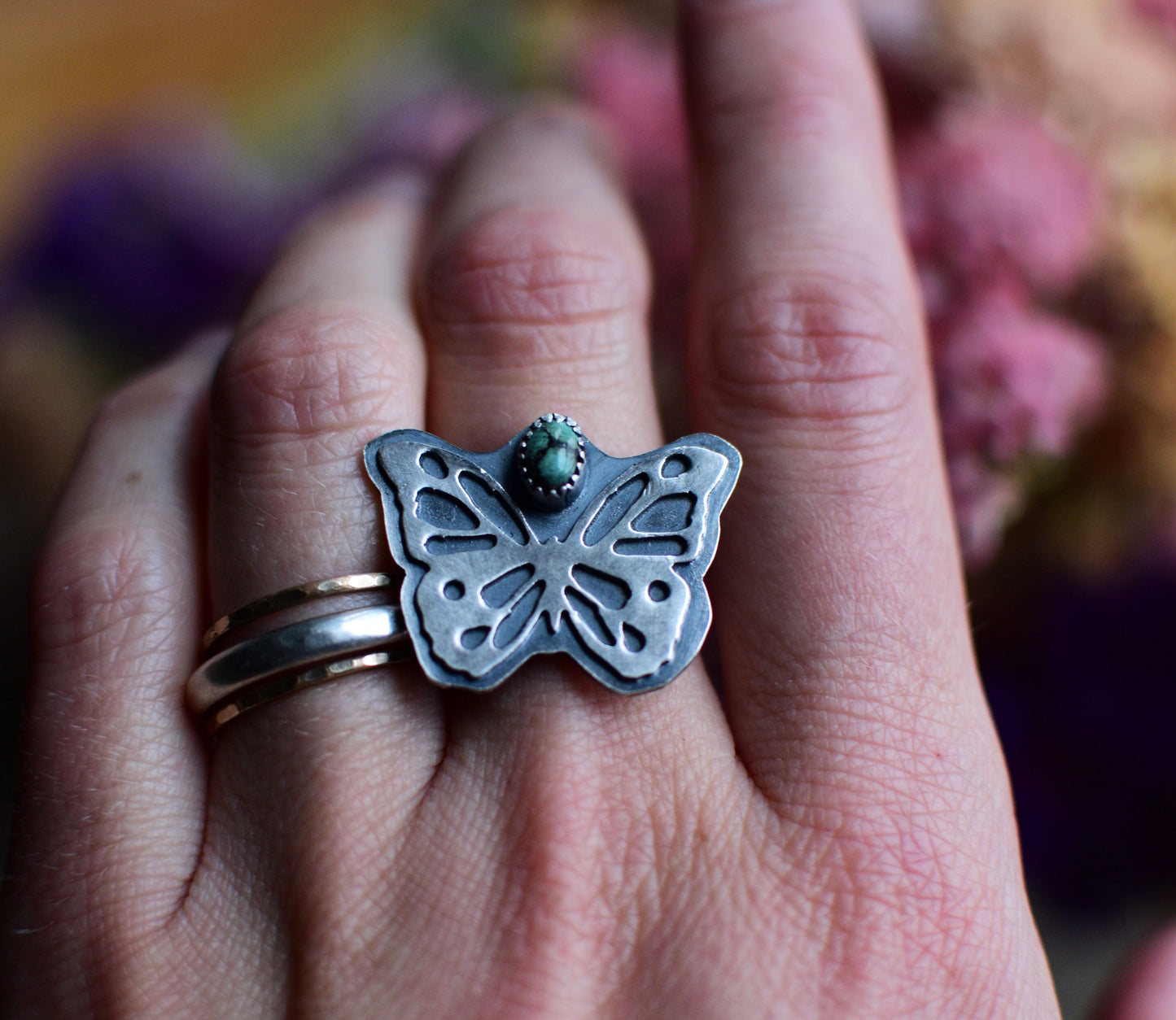 Butterfly ring- size 9- sterling silver- turquoise