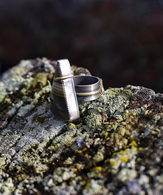 Owyhee jasper- mixed metal- silver and brass statement ring- Size 9.5