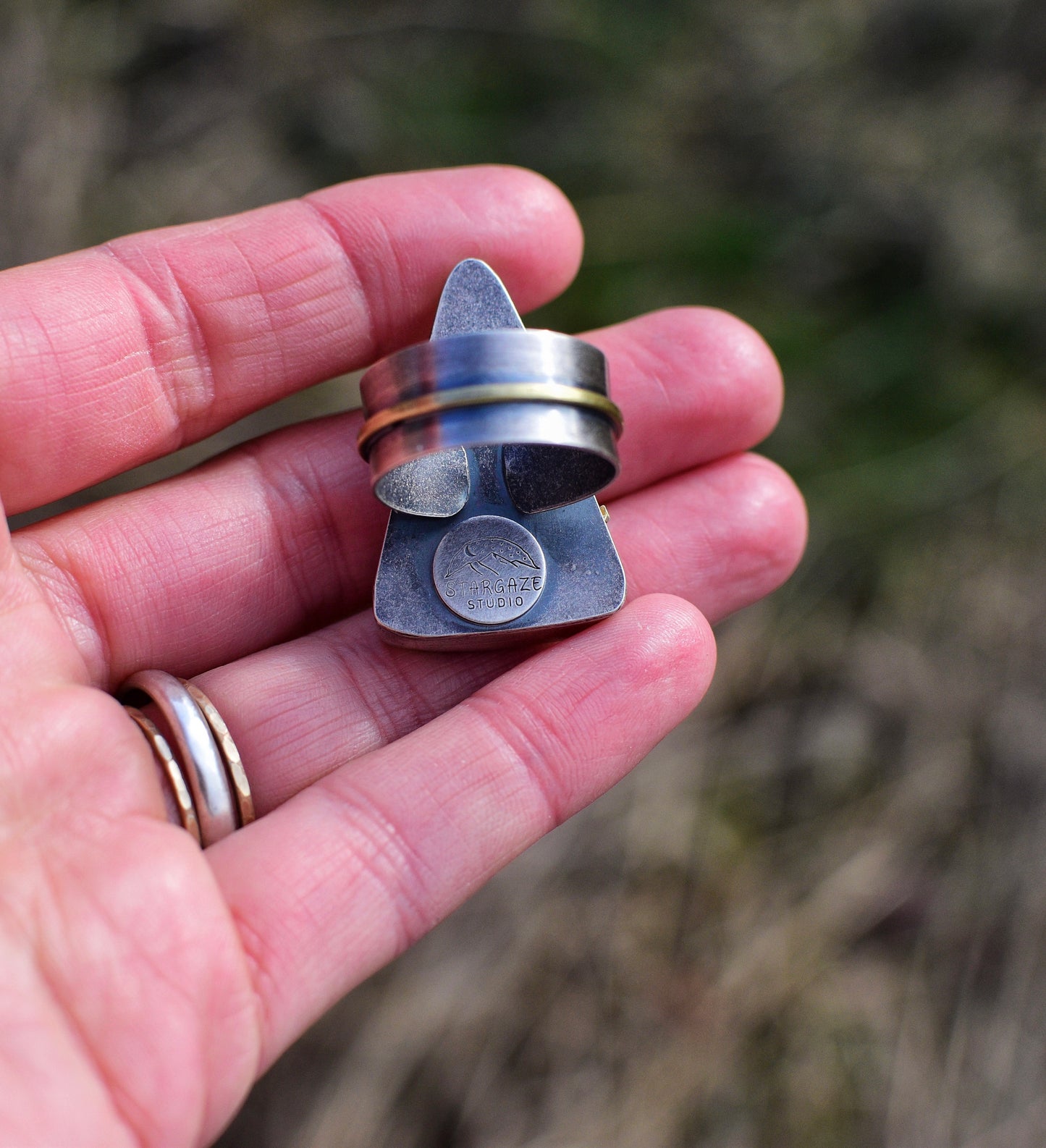 Owyhee jasper- mixed metal- silver and brass statement ring- Size 9.5