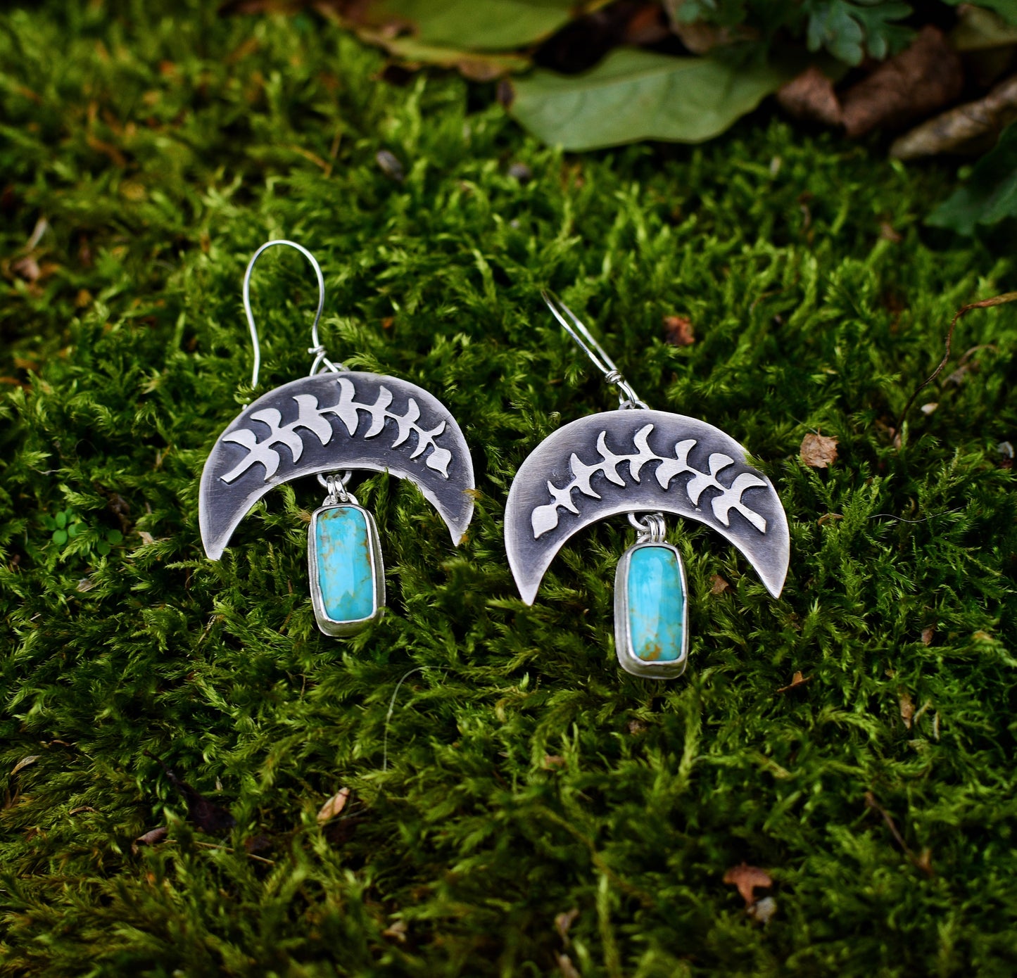 Botanical moon and turquoise earrings