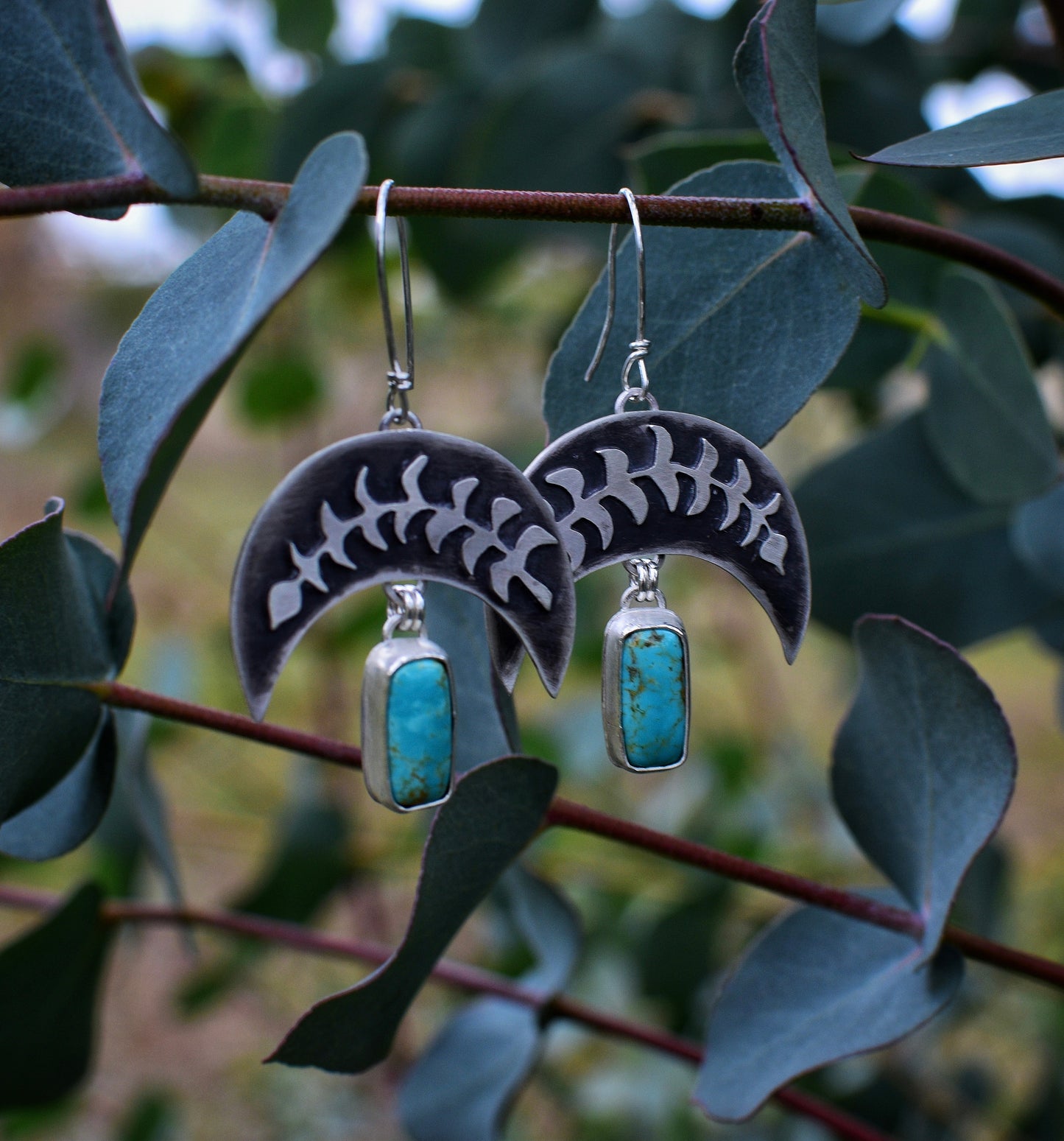 Botanical moon and turquoise earrings